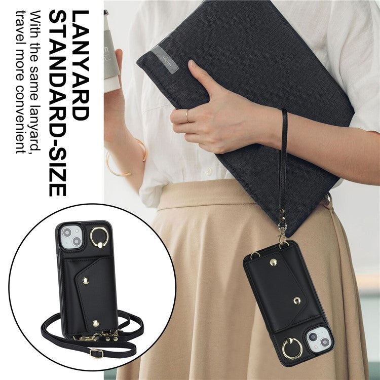 Ring Kickstand Case for iPhone 14 Plus Zipper Wallet PU Leather Coated TPU Mobile Phone Cover - Black