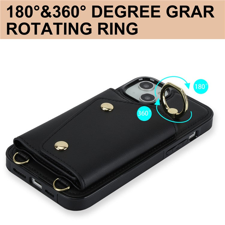 Ring Kickstand Case for iPhone 14 Plus Zipper Wallet PU Leather Coated TPU Mobile Phone Cover - Black