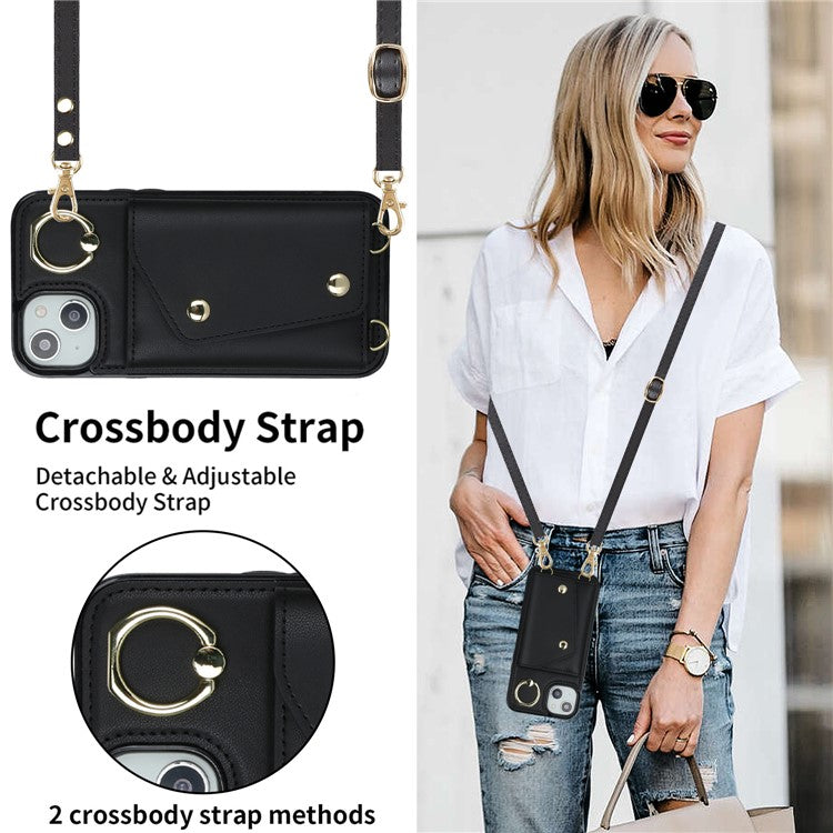Ring Kickstand Case for iPhone 14 Plus Zipper Wallet PU Leather Coated TPU Mobile Phone Cover - Black