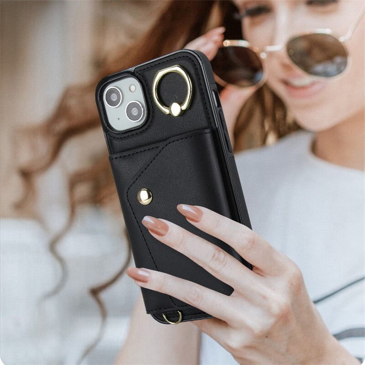 Ring Kickstand Case for iPhone 14 Plus Zipper Wallet PU Leather Coated TPU Mobile Phone Cover - Black