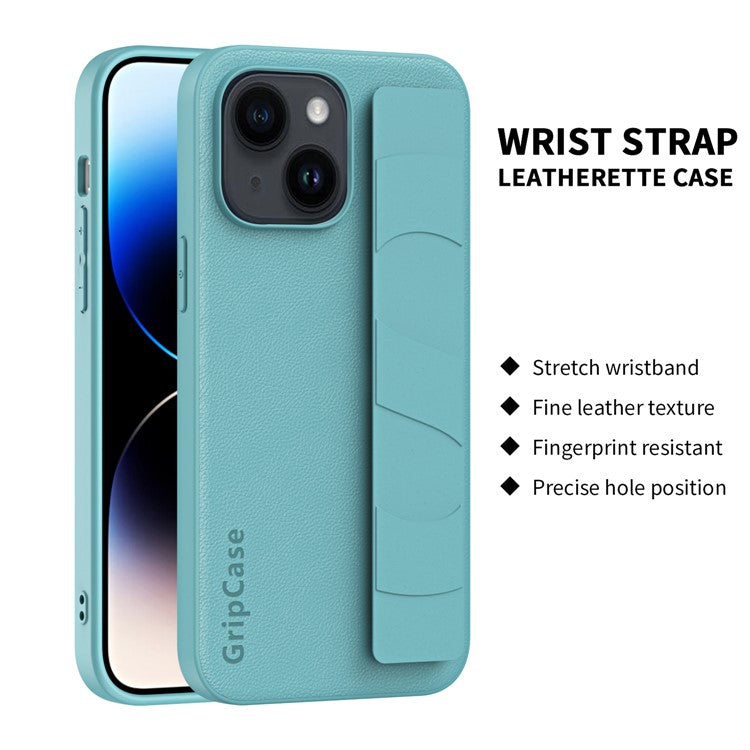 For iPhone 14 Litchi Texture Phone Cover Anti-scratch PU Leather Coated PC+TPU Case with Wristband - Lake Blue