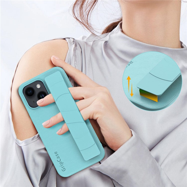 For iPhone 14 Litchi Texture Phone Cover Anti-scratch PU Leather Coated PC+TPU Case with Wristband - Lake Blue