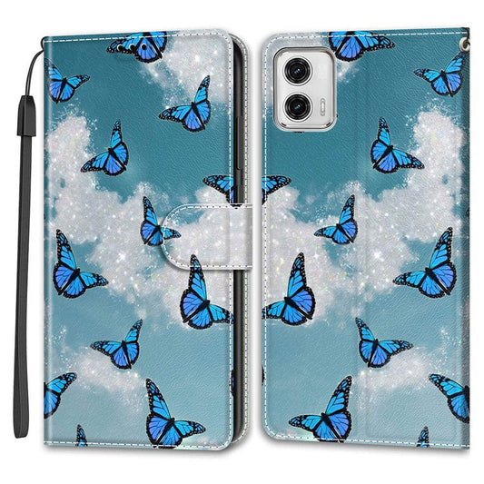 Card Slots Phone Case for Motorola Moto G73 5G Pattern Printed Leather Flip Phone Cover with Stand, Strap - White Cloud / Blue Butterflies