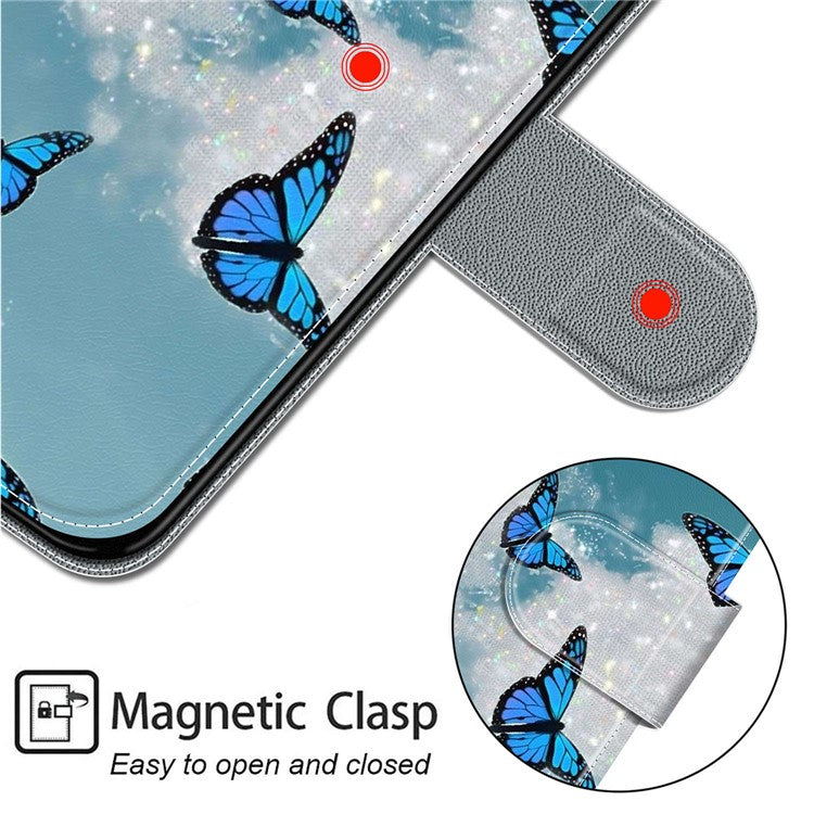 Card Slots Phone Case for Motorola Moto G73 5G Pattern Printed Leather Flip Phone Cover with Stand, Strap - White Cloud / Blue Butterflies