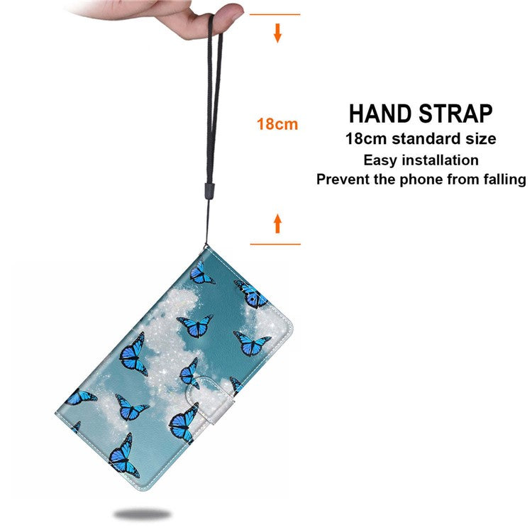 Card Slots Phone Case for Motorola Moto G73 5G Pattern Printed Leather Flip Phone Cover with Stand, Strap - White Cloud / Blue Butterflies