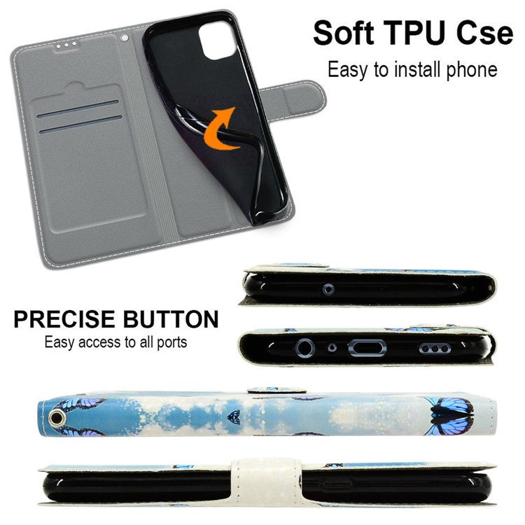 Card Slots Phone Case for Motorola Moto G73 5G Pattern Printed Leather Flip Phone Cover with Stand, Strap - White Cloud / Blue Butterflies