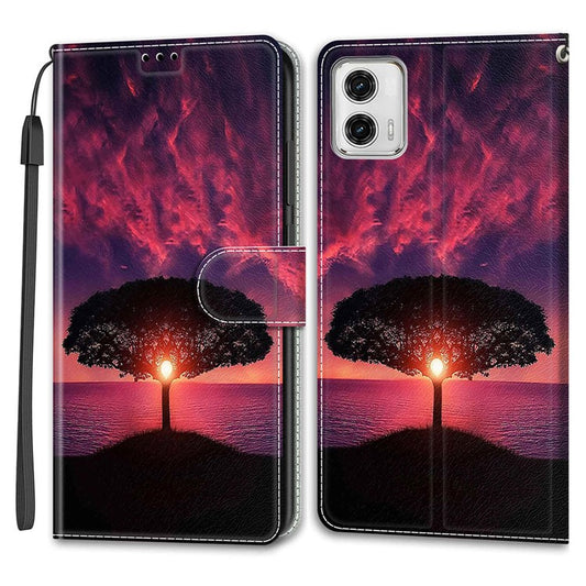 Card Slots Phone Case for Motorola Moto G73 5G Pattern Printed Leather Flip Phone Cover with Stand, Strap - Black Tree / Sunset