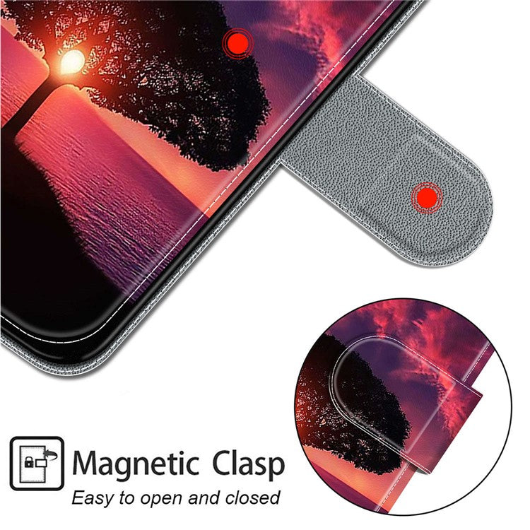 Card Slots Phone Case for Motorola Moto G73 5G Pattern Printed Leather Flip Phone Cover with Stand, Strap - Black Tree / Sunset