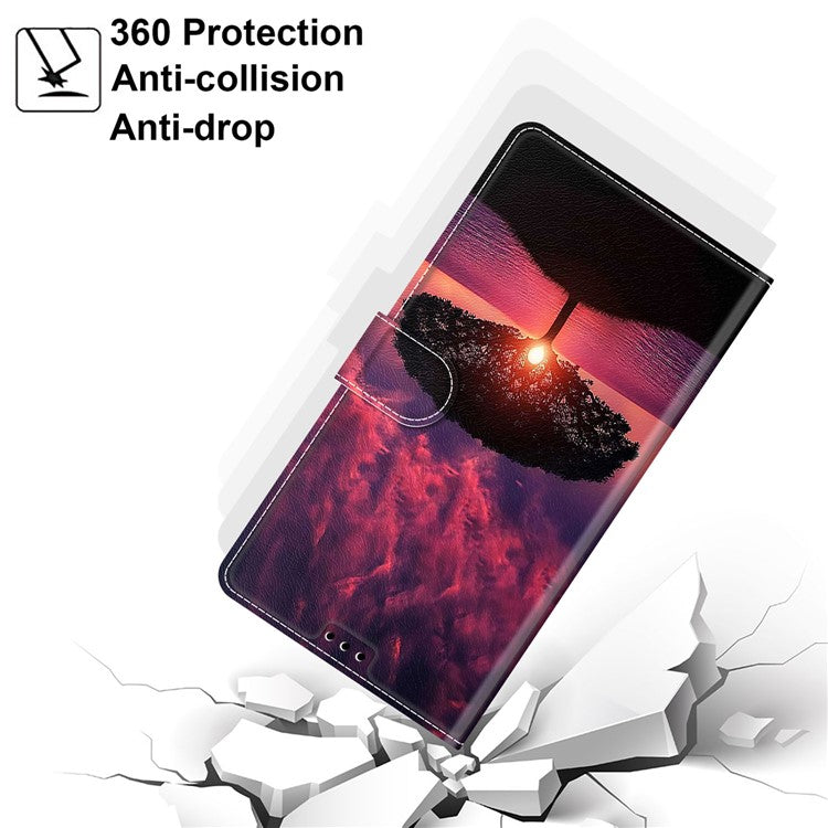 Card Slots Phone Case for Motorola Moto G73 5G Pattern Printed Leather Flip Phone Cover with Stand, Strap - Black Tree / Sunset