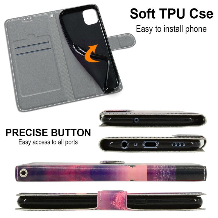 Card Slots Phone Case for Motorola Moto G73 5G Pattern Printed Leather Flip Phone Cover with Stand, Strap - Black Tree / Sunset
