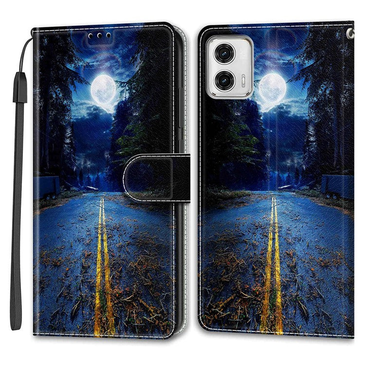 Card Slots Phone Case for Motorola Moto G73 5G Pattern Printed Leather Flip Phone Cover with Stand, Strap - Night Road / Moon