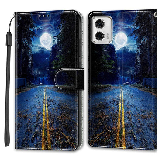 Card Slots Phone Case for Motorola Moto G73 5G Pattern Printed Leather Flip Phone Cover with Stand, Strap - Night Road / Moon