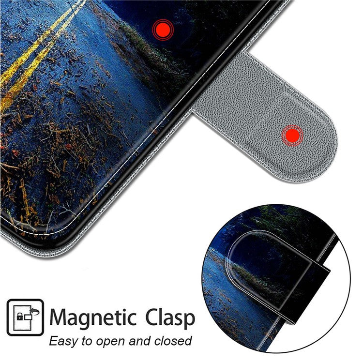 Card Slots Phone Case for Motorola Moto G73 5G Pattern Printed Leather Flip Phone Cover with Stand, Strap - Night Road / Moon