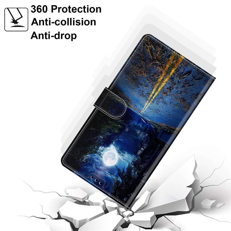 Card Slots Phone Case for Motorola Moto G73 5G Pattern Printed Leather Flip Phone Cover with Stand, Strap - Night Road / Moon