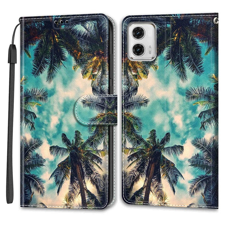 Card Slots Phone Case for Motorola Moto G73 5G Pattern Printed Leather Flip Phone Cover with Stand, Strap - Coconut Tree