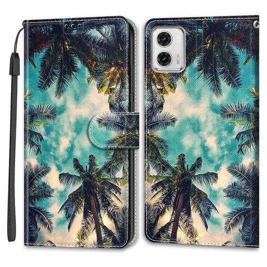Card Slots Phone Case for Motorola Moto G73 5G Pattern Printed Leather Flip Phone Cover with Stand, Strap - Coconut Tree