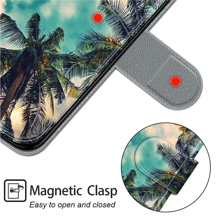 Card Slots Phone Case for Motorola Moto G73 5G Pattern Printed Leather Flip Phone Cover with Stand, Strap - Coconut Tree