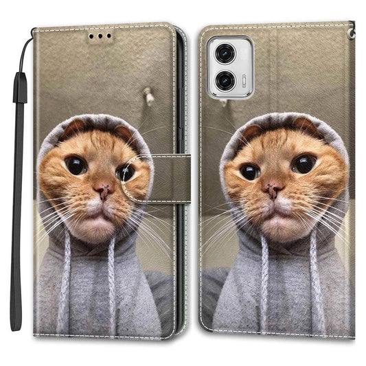 Card Slots Phone Case for Motorola Moto G73 5G Pattern Printed Leather Flip Phone Cover with Stand, Strap - Yellow Cat / Sweater