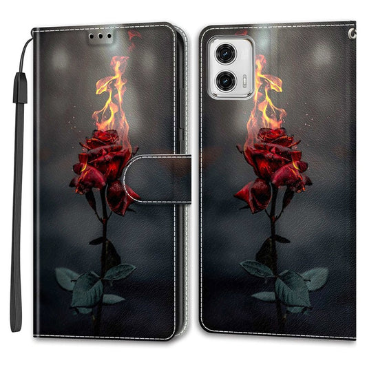 Card Slots Phone Case for Motorola Moto G73 5G Pattern Printed Leather Flip Phone Cover with Stand, Strap - Fire Rose