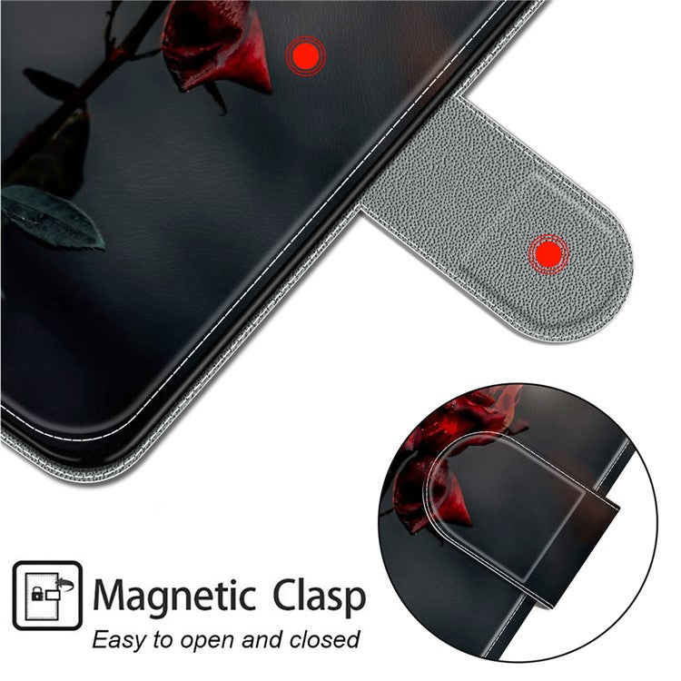 Card Slots Phone Case for Motorola Moto G73 5G Pattern Printed Leather Flip Phone Cover with Stand, Strap - Fire Rose