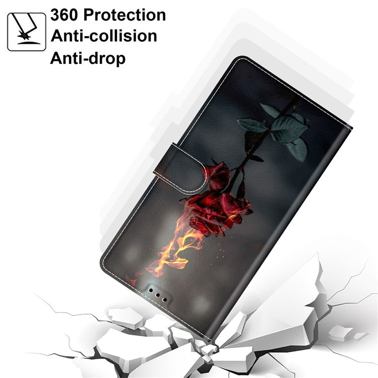 Card Slots Phone Case for Motorola Moto G73 5G Pattern Printed Leather Flip Phone Cover with Stand, Strap - Fire Rose
