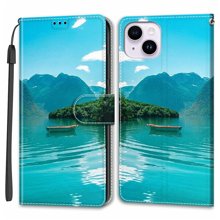 For iPhone 14 Plus PU Leather Pattern Printing Case Card Holder Phone Cover with Stand - Boat