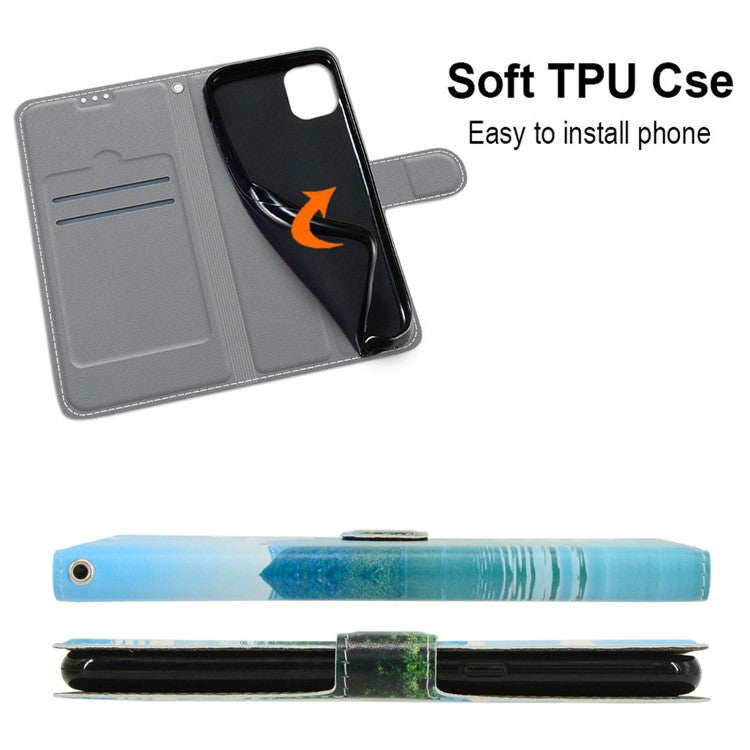 For iPhone 14 Plus PU Leather Pattern Printing Case Card Holder Phone Cover with Stand - Boat
