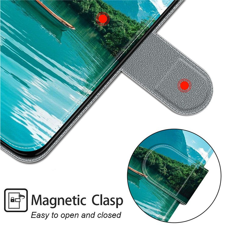For iPhone 14 Plus PU Leather Pattern Printing Case Card Holder Phone Cover with Stand - Boat