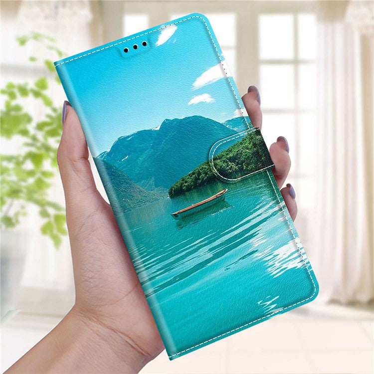 For iPhone 14 Plus PU Leather Pattern Printing Case Card Holder Phone Cover with Stand - Boat