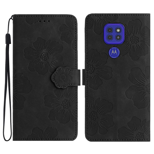 Wallet Case for Motorola Moto G9 (India) / G9 Play / E7 Plus PU Leather Stand Flowers Imprinted Phone Cover - Black