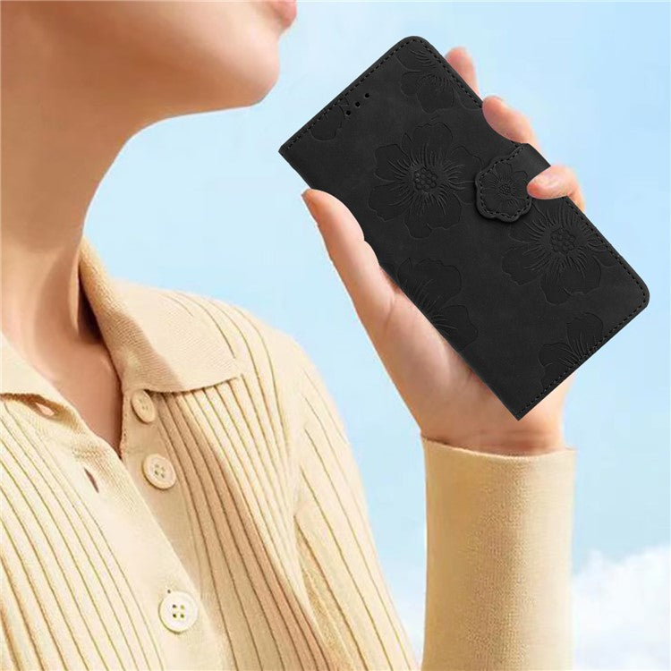 Wallet Case for Motorola Moto G9 (India) / G9 Play / E7 Plus PU Leather Stand Flowers Imprinted Phone Cover - Black