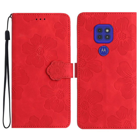 Wallet Case for Motorola Moto G9 (India) / G9 Play / E7 Plus PU Leather Stand Flowers Imprinted Phone Cover - Red