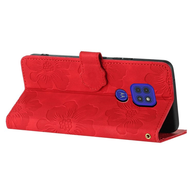 Wallet Case for Motorola Moto G9 (India) / G9 Play / E7 Plus PU Leather Stand Flowers Imprinted Phone Cover - Red