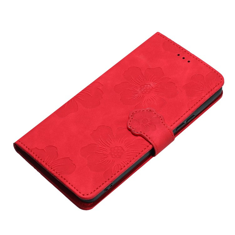 Wallet Case for Motorola Moto G9 (India) / G9 Play / E7 Plus PU Leather Stand Flowers Imprinted Phone Cover - Red