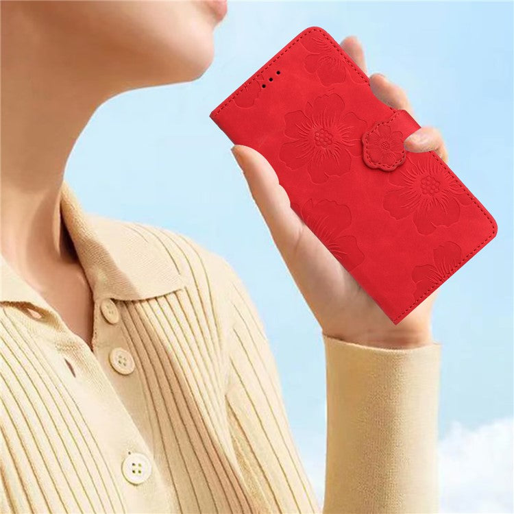 Wallet Case for Motorola Moto G9 (India) / G9 Play / E7 Plus PU Leather Stand Flowers Imprinted Phone Cover - Red