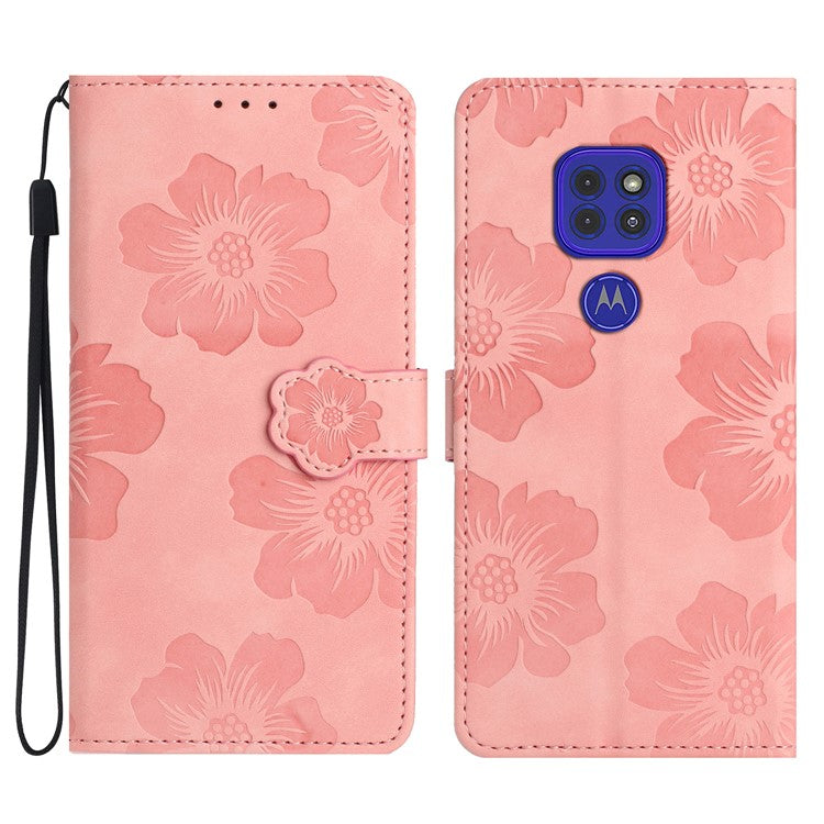 Wallet Case for Motorola Moto G9 (India) / G9 Play / E7 Plus PU Leather Stand Flowers Imprinted Phone Cover - Pink