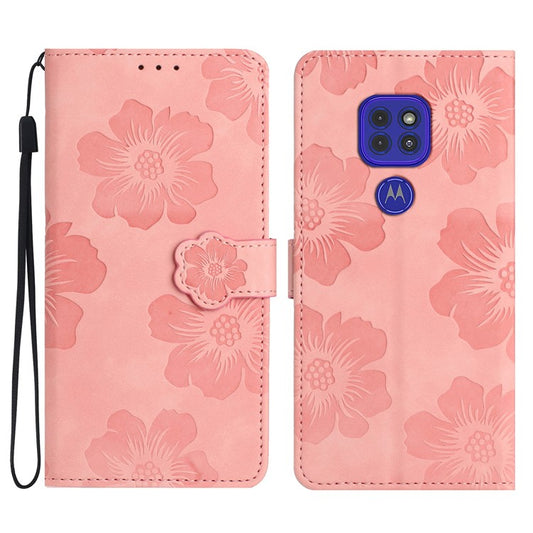 Wallet Case for Motorola Moto G9 (India) / G9 Play / E7 Plus PU Leather Stand Flowers Imprinted Phone Cover - Pink