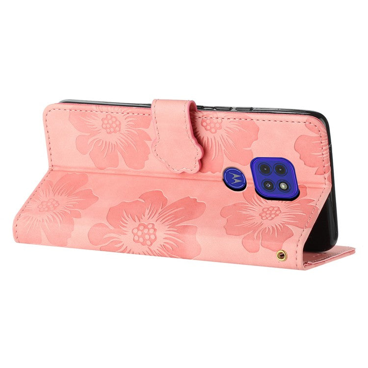 Wallet Case for Motorola Moto G9 (India) / G9 Play / E7 Plus PU Leather Stand Flowers Imprinted Phone Cover - Pink