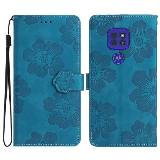 Wallet Case for Motorola Moto G9 (India) / G9 Play / E7 Plus PU Leather Stand Flowers Imprinted Phone Cover - Blue