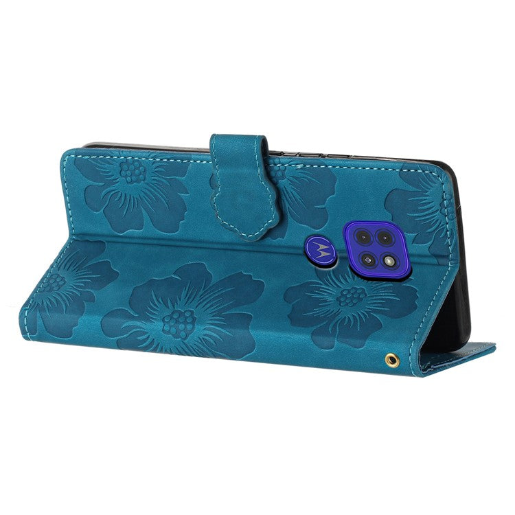 Wallet Case for Motorola Moto G9 (India) / G9 Play / E7 Plus PU Leather Stand Flowers Imprinted Phone Cover - Blue