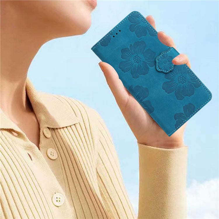 Wallet Case for Motorola Moto G9 (India) / G9 Play / E7 Plus PU Leather Stand Flowers Imprinted Phone Cover - Blue