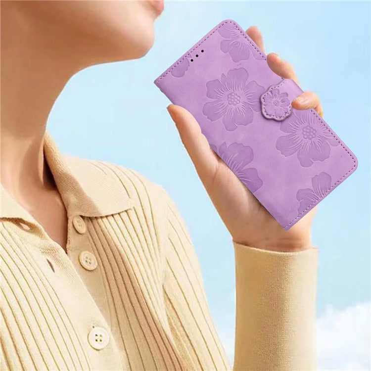 Wallet Case for Motorola Moto G9 (India) / G9 Play / E7 Plus PU Leather Stand Flowers Imprinted Phone Cover - Purple