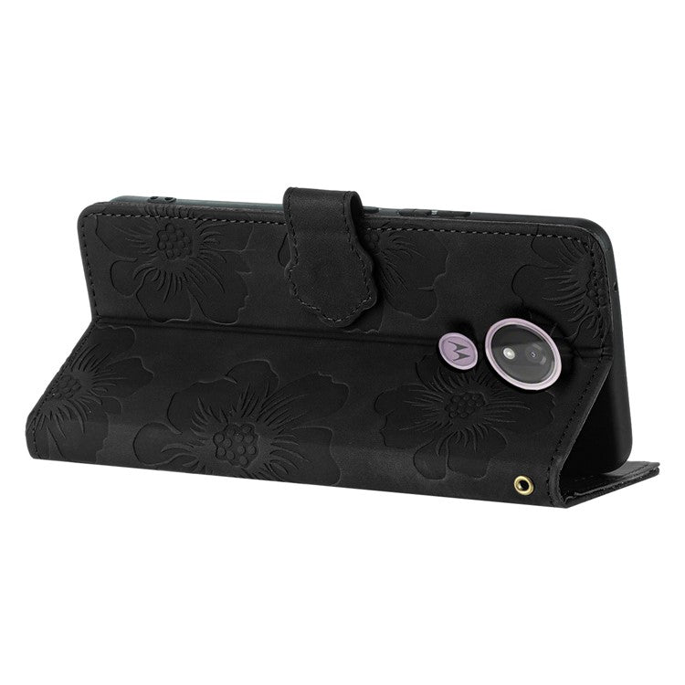 For Motorola Moto G7 Power (EU Version) PU Leather Phone Cover Flowers Imprinted Case with Stand Wallet - Black