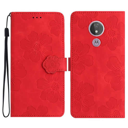 For Motorola Moto G7 Power (EU Version) PU Leather Phone Cover Flowers Imprinted Case with Stand Wallet - Red
