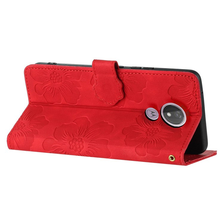 For Motorola Moto G7 Power (EU Version) PU Leather Phone Cover Flowers Imprinted Case with Stand Wallet - Red