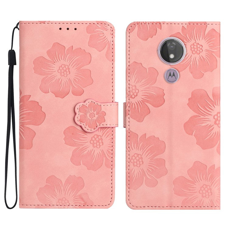 For Motorola Moto G7 Power (EU Version) PU Leather Phone Cover Flowers Imprinted Case with Stand Wallet - Pink