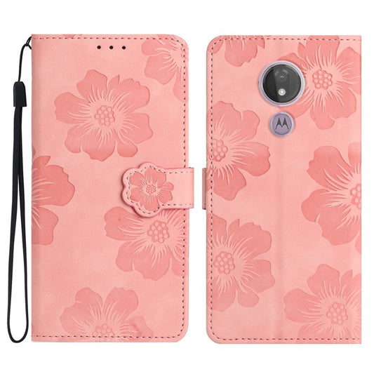 For Motorola Moto G7 Power (EU Version) PU Leather Phone Cover Flowers Imprinted Case with Stand Wallet - Pink
