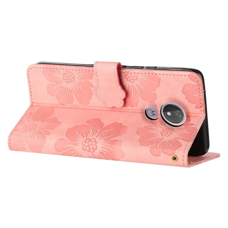 For Motorola Moto G7 Power (EU Version) PU Leather Phone Cover Flowers Imprinted Case with Stand Wallet - Pink