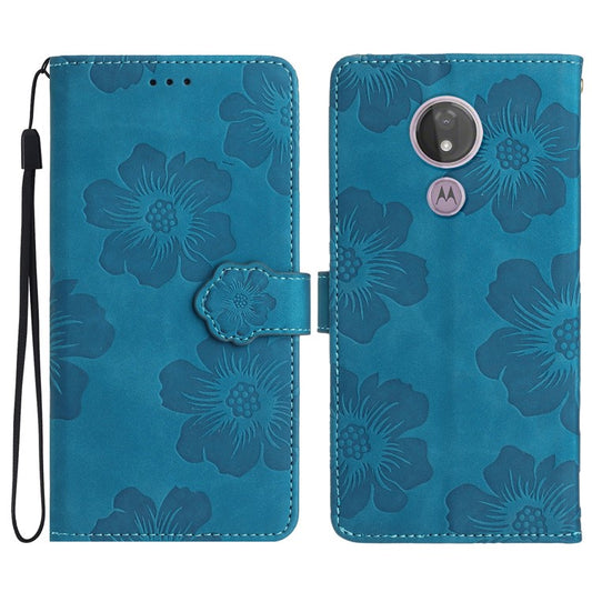 For Motorola Moto G7 Power (EU Version) PU Leather Phone Cover Flowers Imprinted Case with Stand Wallet - Blue