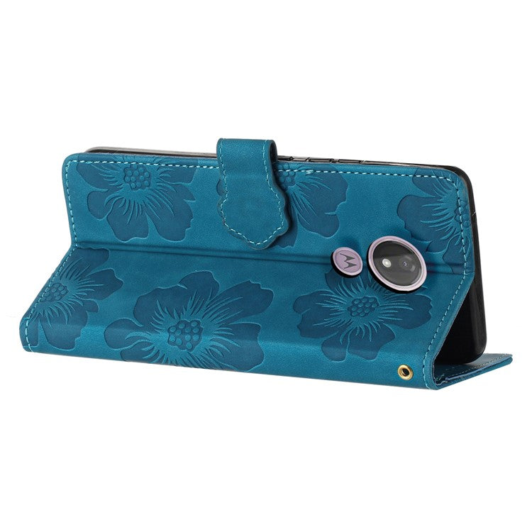For Motorola Moto G7 Power (EU Version) PU Leather Phone Cover Flowers Imprinted Case with Stand Wallet - Blue
